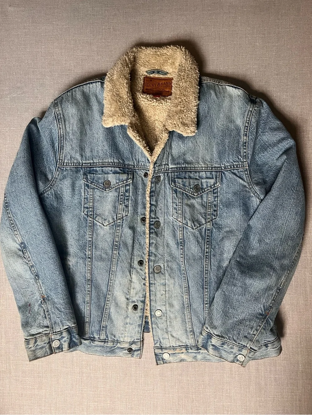 Distressed Lucky Brand Light Blue Denim Sherpa Lined Trucker Jacket
